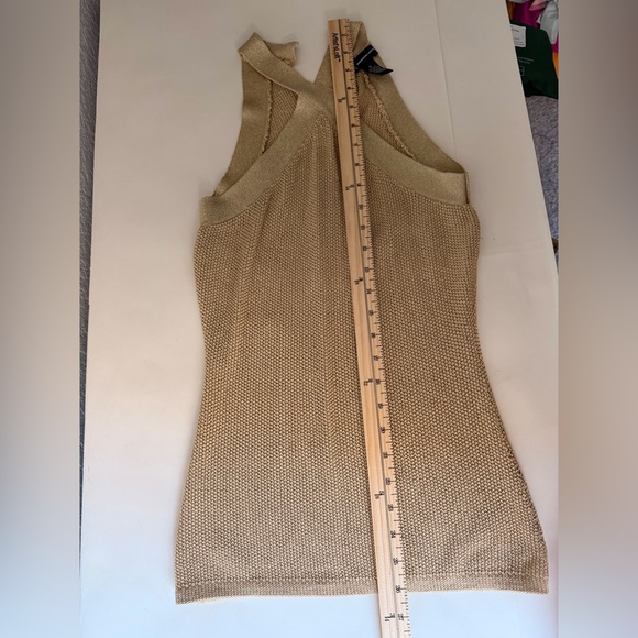 INC Gold Sparkly Halter Top | Silk Cotton Ribbed Knit Crossover Neck Blouse - Picture 6 of 6